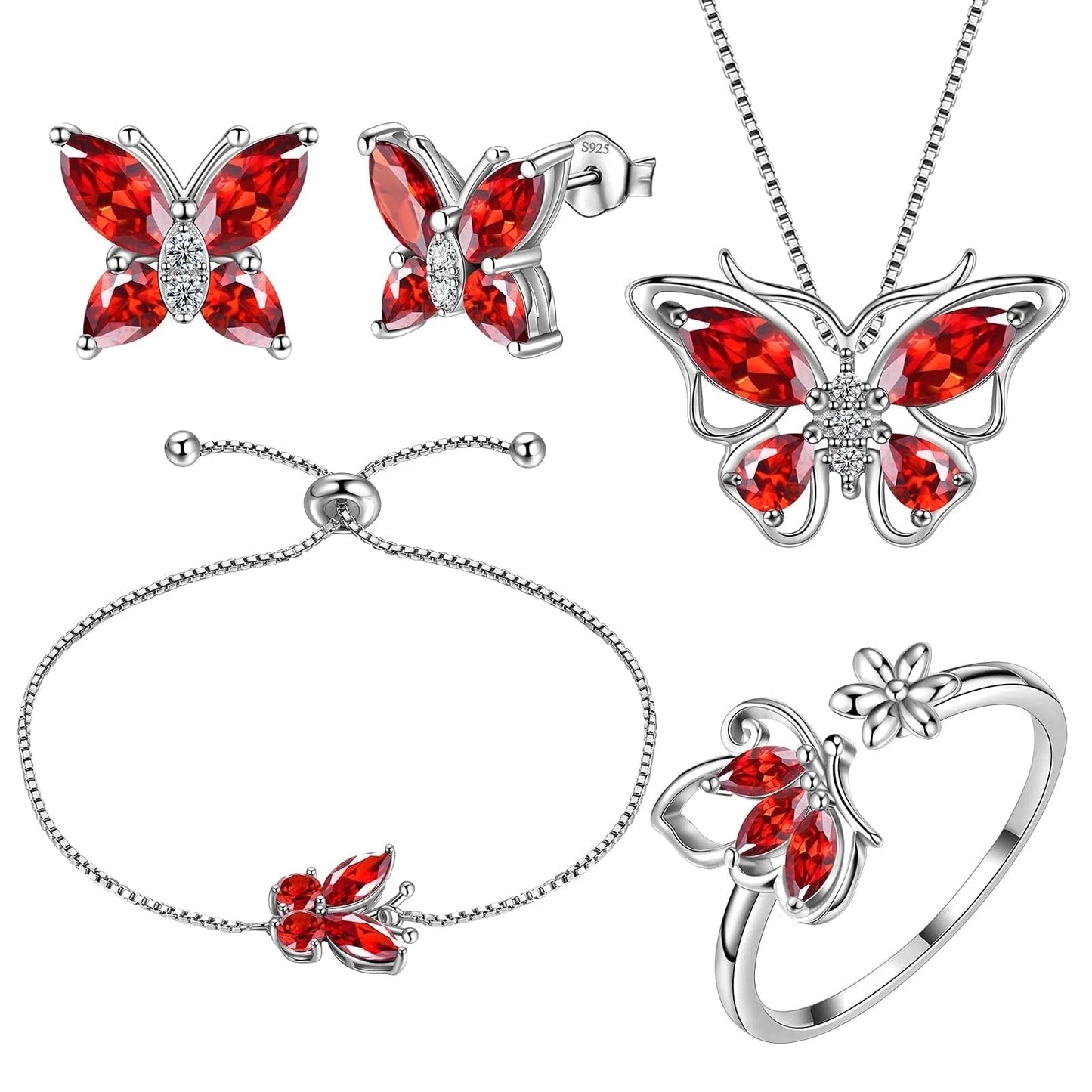 January Birthstone Red Butterfly Jewelry Set