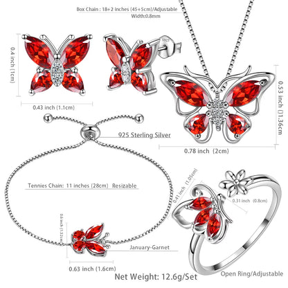 January Birthstone Red Butterfly Jewelry Set