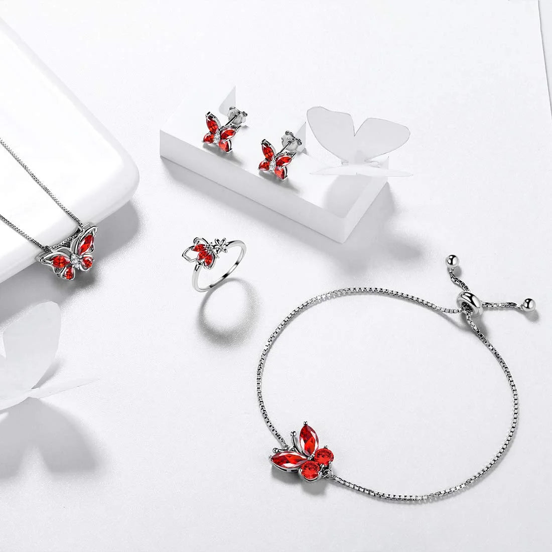 January Birthstone Red Butterfly Jewelry Set