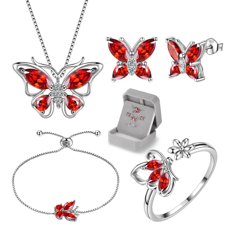 January Birthstone Red Butterfly Jewelry Set